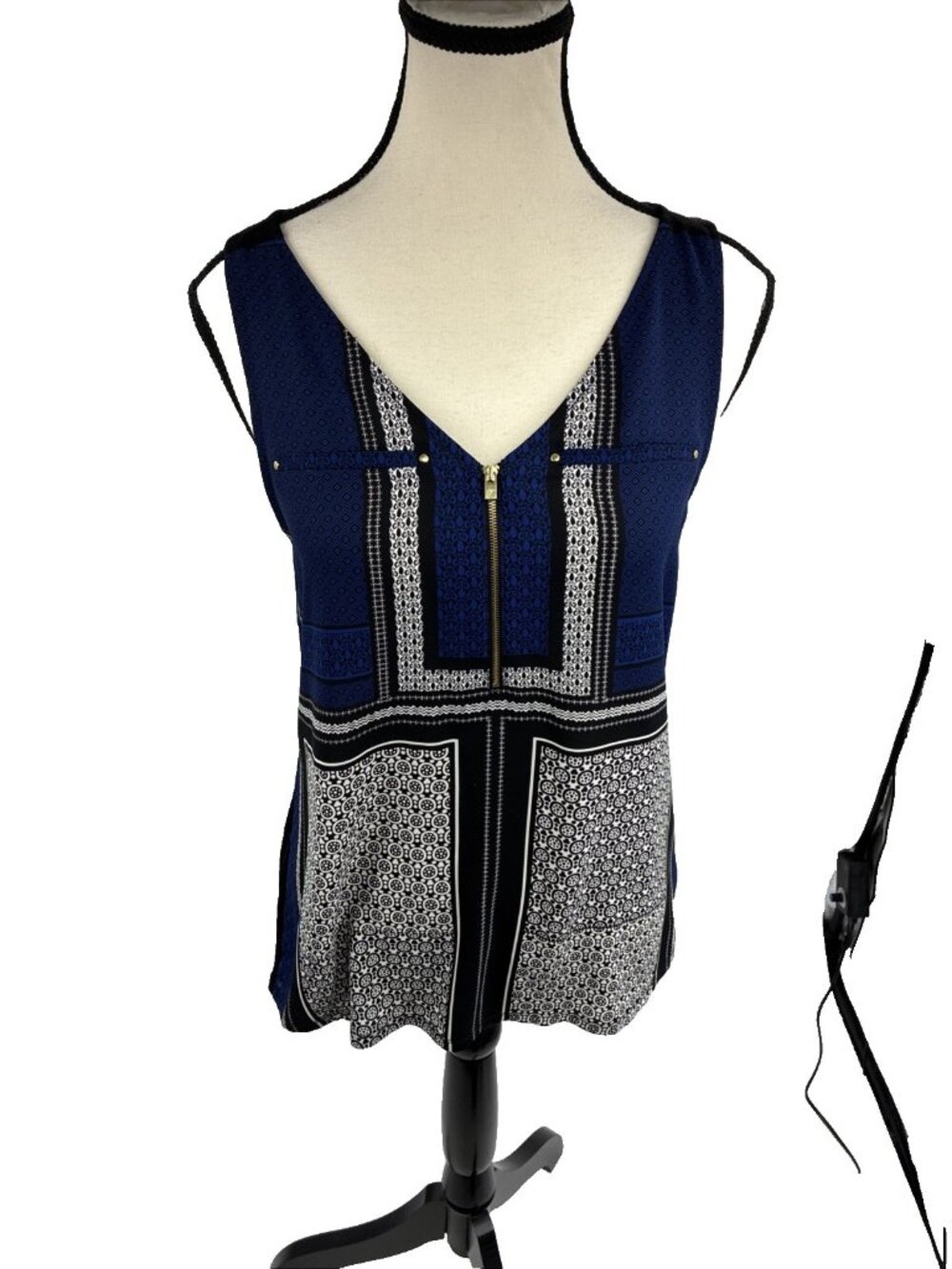 Express Womens Sleeveless Blouse Blue Black Pattern Zip Front Top Size S